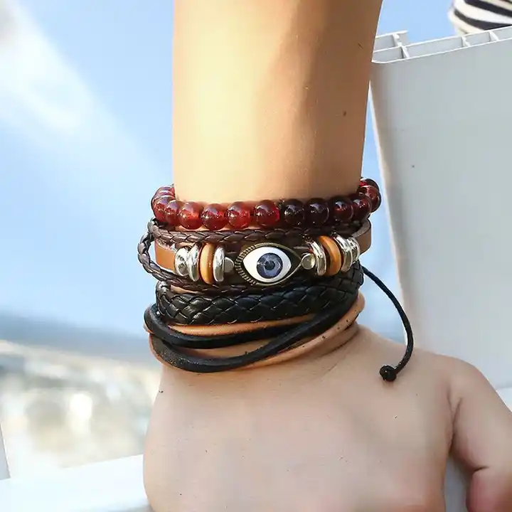 New Arrival Custom Bracelets In Bulk Retro Men's Multilayer Braided Leather Bracelet Turkish Eye Jewelry 100pc
